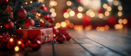 Colorful decorations create a joyful atmosphere with a beautifully adorned tree, glowing lights, and a vibrant gift set on the wooden floor ready for celebration.の素材