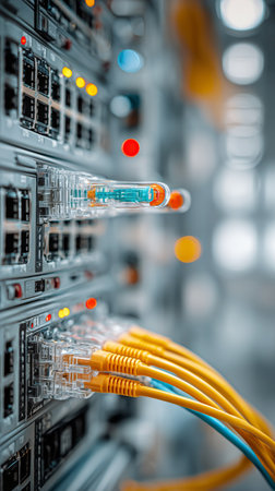 Ethernet cables are connected to servers in a data center, showcasing the critical infrastructure that supports digital communication. Colorful lights indicate active connections.の素材