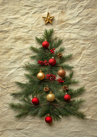 This festive arrangement features a green Christmas tree adorned with red and gold ornaments, pinecones, and a golden star on a textured beige background, evoking holiday cheer.の素材
