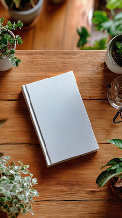 A blank notebook lies open on a wooden table, surrounded by lush green plants. Sunlight gently illuminates the space, creating a peaceful and inviting atmosphere.の素材
