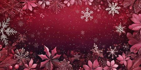 A decorative display showing vibrant red and green leaves adorned with white snowflakes against a dark background.の素材