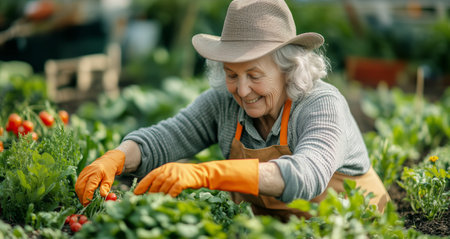 A senior woman carefully tends to her vibrant tomatoes in a lush community garden. She wears an apron, gloves, and a hat, enjoying the sun and natures beauty.の素材