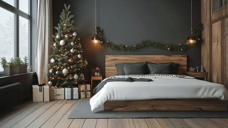A stylish bedroom features a beautifully decorated Christmas tree with lights and ornaments. Presents are neatly arranged beside the tree, creating a festive atmosphere.の素材