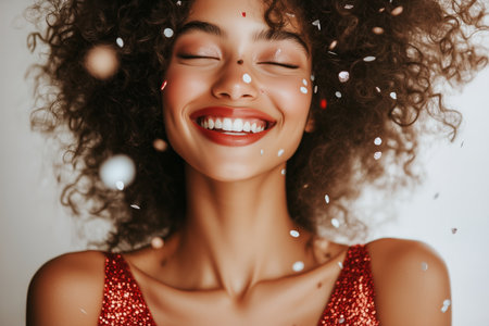 A joyful young woman enjoying a moment of celebration smiles widely while colorful confetti falls around her. She wears a sparkling outfit, radiating happiness in a lively atmosphere.の素材