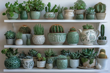 A vibrant display of various succulents and cacti is organized on wooden shelves, showing intricate ceramic pots in shades of green. Natural light enhances their beauty.の素材