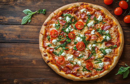 A round pizza topped with crispy bacon, cherry tomatoes, and basil sits on a wooden table. Fresh mozzarella enhances the inviting appearance of this flavorful dish.の素材