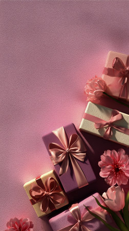 Gift boxes in soft pastels are neatly arranged alongside vibrant flowers on a gentle pink background, creating a cheerful and festive setting for celebrations.の素材