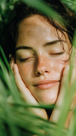 A young woman with curly hair closes her eyes and rests her hands on her face while surrounded by vibrant green leaves in a serene setting.の素材