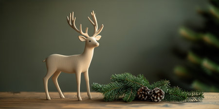 A beautifully crafted white deer figurine stands gracefully on a rustic wooden table, accompanied by fresh evergreen branches, creating a serene winter atmosphere.の素材