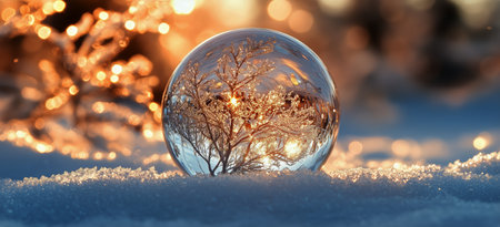 A snowflake is beautifully encased within a transparent ice bubble resting on a blanket of fresh snow, with glimmering light reflecting off the surface.の素材