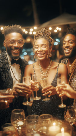 Friends share joyful moments at a lively outdoor event, raising their glasses in celebration under sparkling lights. The atmosphere is full of laughter and excitement.の素材