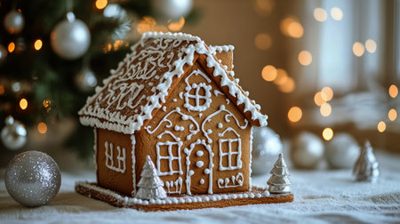 A beautifully crafted gingerbread house sits on a white table. Festive decorations surround it, creating a warm and inviting atmosphere for the holiday season.の素材