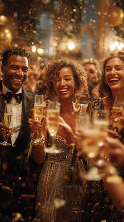 Friends gather in an elegant setting, raising their glasses during a joyful celebration. The warm lights and decorations create a lively atmosphere filled with laughter and excitement.の素材