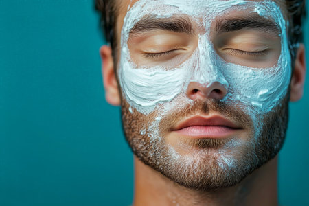 A young man enjoys a self-care moment at home, lying down with a calming blue facial mask while soaking up the warm sunlight filtering in.の素材