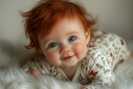 A joyful baby with curly red hair is smiling while lying on a soft blanket. The warm, bright room highlights the childs playful expression and adorable outfit.の素材