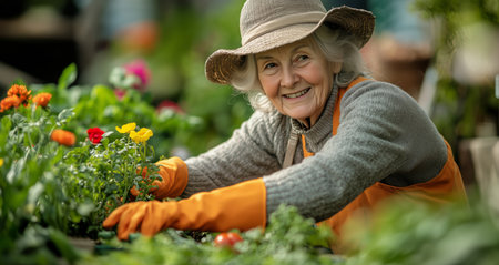 A senior woman carefully tends to her vibrant tomatoes in a lush community garden. She wears an apron, gloves, and a hat, enjoying the sun and natures beauty.の素材