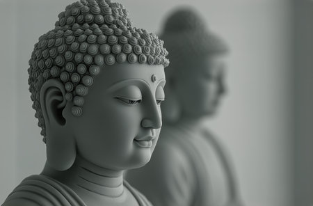 Two detailed clay sculptures of Buddha are showcased in a calm indoor space, emphasizing their serene expressions and intricate features, promoting a sense of peace and reflection.の素材