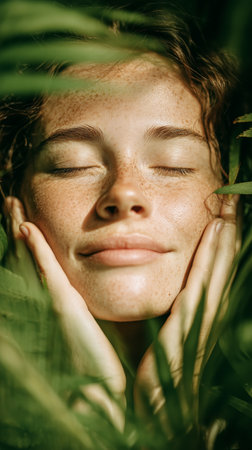 A young woman relaxes with her eyes closed, gently holding her face while surrounded by lush green foliage on a sunny day. The atmosphere is serene and peaceful.の素材