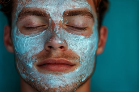 A young man relaxes with a soothing face mask applied, helping to hydrate and rejuvenate his skin. The turquoise background enhances the calming atmosphere of the moment.の素材