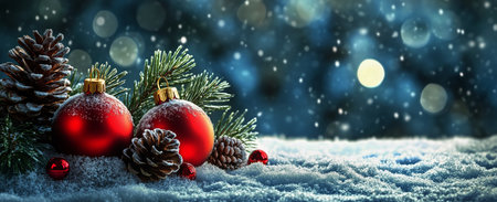 Bright red ornaments and pine cones are arranged on a snowy surface, surrounded by evergreen branches, as snowflakes gently fall in a winter setting, creating a festive atmosphere.の素材