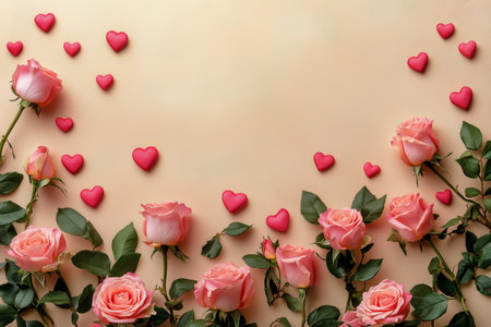 Soft pink roses are artistically arranged with red heart decorations, perfect for celebrating love on special occasions or expressing affection to someone special.の素材