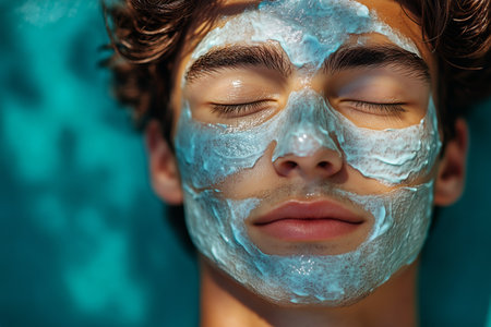 A young man enjoys a self-care moment at home, lying down with a calming blue facial mask while soaking up the warm sunlight filtering in.の素材