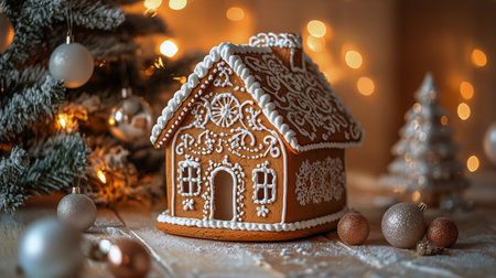 Festive gingerbread house showcases intricate icing designs, adorned with holiday ornaments and soft glowing lights, surrounded by snowy decorations, perfect for the holiday season.の素材