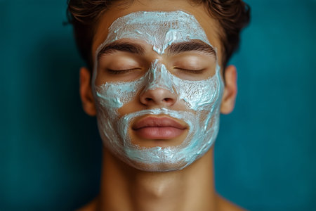 A young man relaxes with a soothing face mask applied, helping to hydrate and rejuvenate his skin. The turquoise background enhances the calming atmosphere of the moment.の素材