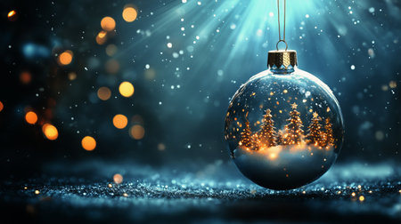A beautiful Christmas ornament hangs in the air, showcasing intricate snowy trees illuminated by warm lights. The soft glow and falling snow create a festive atmosphere.の素材