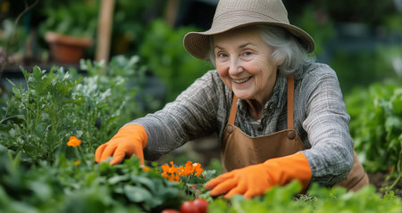 In a vibrant greenhouse, an elderly woman tends to her garden, smiling as she nurtures flowers and plants while wearing gloves and a hat. The atmosphere is lively and full of greenery.の素材