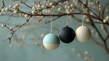 Three round ornaments in light blue, black, and beige hang from a branch adorned with small white berries. The soft background adds a gentle touch to the cozy decor.の素材