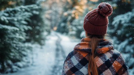 A person wearing a cozy hat and blanket scarf stands on a snowy trail in a serene forest, embracing the gentle snowfall and the peaceful ambiance of winter.の素材