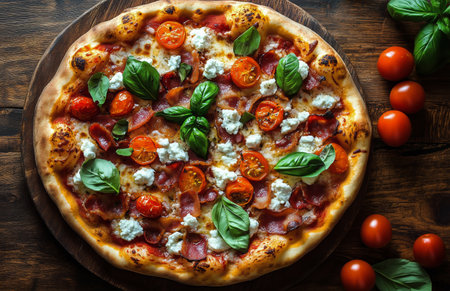 Freshly baked pizza showcases vibrant toppings of ripe tomatoes, basil leaves, and creamy cheese on a rustic wooden board. A delicious treat perfect for gatherings or a cozy meal.の素材