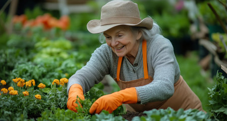In a vibrant greenhouse, an elderly woman tends to her garden, smiling as she nurtures flowers and plants while wearing gloves and a hat. The atmosphere is lively and full of greenery.の素材