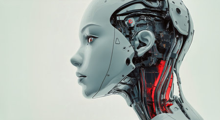 A close-up of a robotic head showcases intricate mechanical features and glowing elements. The design emphasizes a blend of technology and artistry, highlighting innovation.の素材