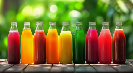 Bottles filled with a variety of fresh fruit juices stand on a wooden table. The bright colors reflect sunlight in a lush green outdoor setting, creating a refreshing atmosphere.の素材