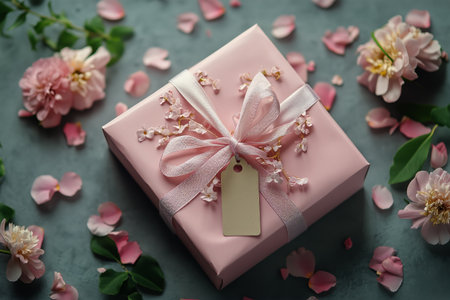 A pink gift box elegantly tied with a ribbon features delicate flowers on top. Petals and small buds surround it, creating a lovely and serene atmosphere.の素材