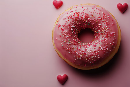 A large pink frosted donut covered in colorful sprinkles sits on a soft pink background, accompanied by small heart-shaped candies, creating a sweet and festive atmosphere.の素材