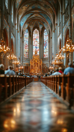 Visitors explore the stunning interior of a historic church, surrounded by ornate details, soft lighting, and wooden pews on a serene afternoon.の素材