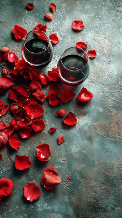 Two glasses filled with dark liquid sit on a textured surface, surrounded by scattered red rose petals, creating a romantic setting perfect for special occasions.の素材