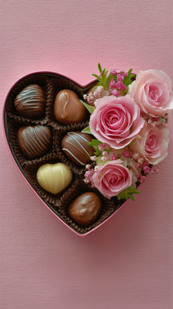 A heart-shaped box filled with assorted chocolates is elegantly arranged with fresh pink roses and decorative flowers. This delightful setup is perfect for celebrations or gifts.の素材