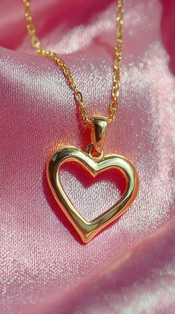 A heart-shaped gold pendant lays elegantly on a soft pink fabric. Soft sunlight reflects off its shiny surface, enhancing its romantic charm and allure.の素材