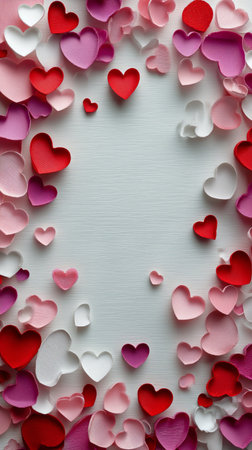 Colorful heart shapes in red, pink, and white are scattered around an empty space, perfect for Valentine celebrations or romantic events. Ideal for invitations or decorations.の素材