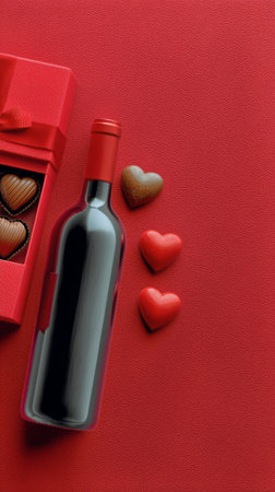 An elegant bottle of red wine is placed beside a box of chocolates and heart-shaped candies on a vibrant red surface, perfect for celebrations or romantic moments.の素材