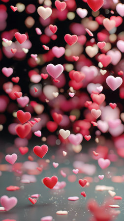 Small heart-shaped decorations in various shades of pink and red cascade gracefully from above, creating a lively and festive atmosphere perfect for a celebration of love.の素材