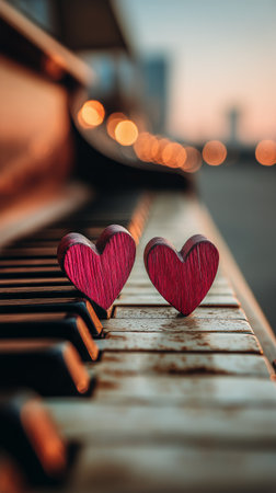 Two pink wooden hearts rest on the keys of an old piano in an urban space during sunset, with soft lights creating a warm ambiance. This captures a moment of romance and creativity.の素材