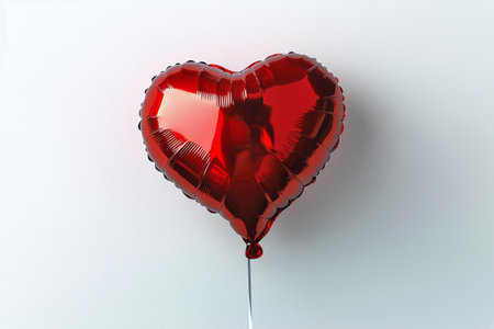 A bright red heart-shaped balloon is tethered with a string, floating gracefully against a plain white background, evoking feelings of love and joy during celebrations.の素材