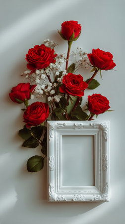 Bright red roses are arranged around a blank white frame on a light background. Petals scatter the surface, creating an inviting atmosphere perfect for a romantic celebration.の素材
