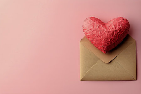 A red heart made of textured paper rests atop a gold envelope against a soft pink background, symbolizing love and affection for Valentines Day celebrations.の素材