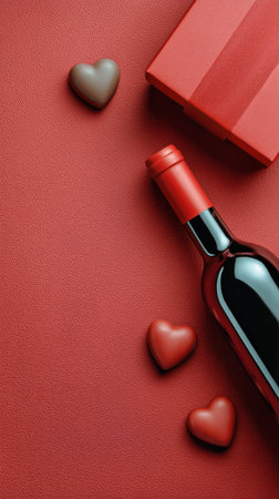 A red wine bottle rests beside a red gift box, accompanied by two chocolate hearts on a rich red background, perfect for a romantic celebration or gift.の素材